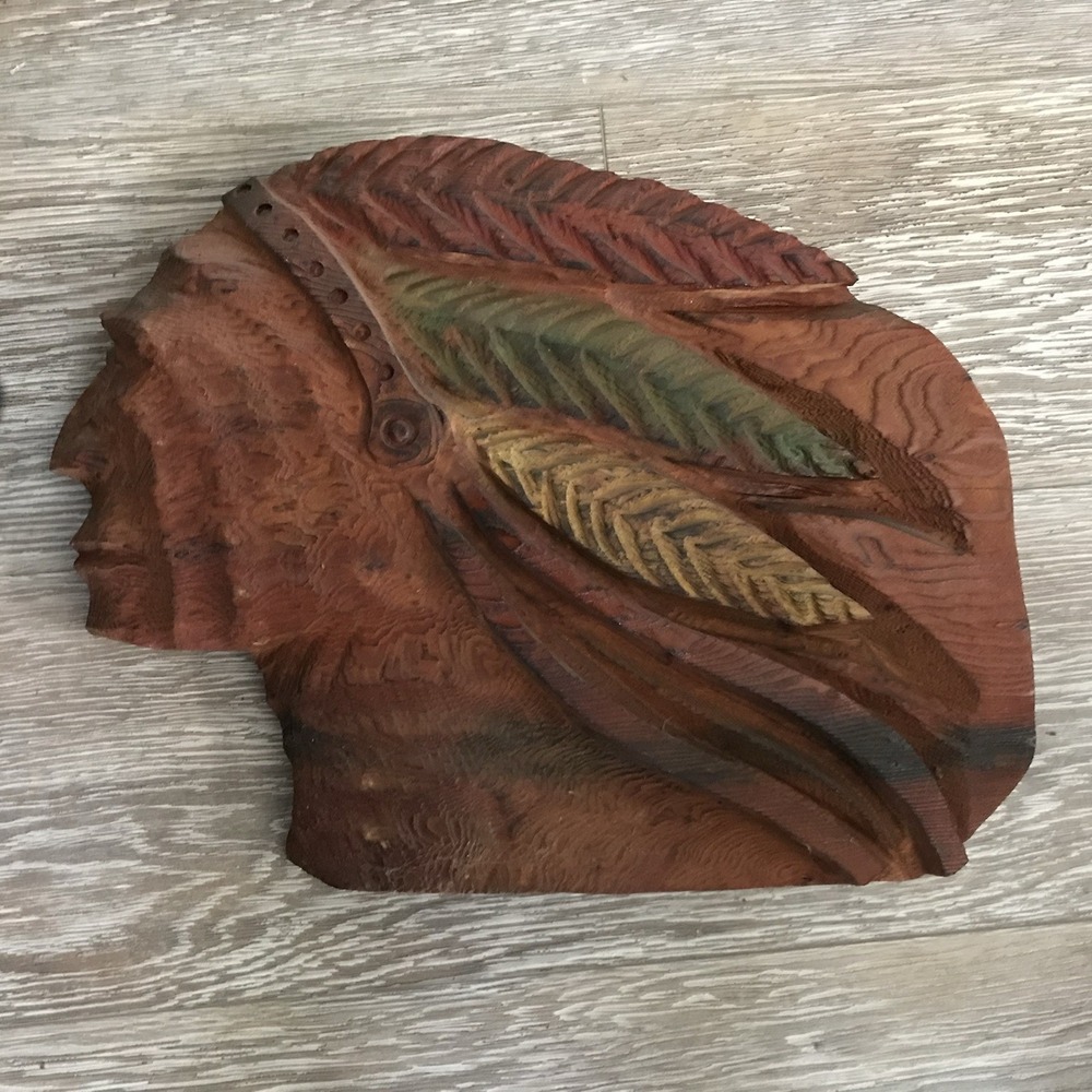 Chainsaw Carving Of Indian With Headwear By Jim Burke Signed And Dated 12 X 15